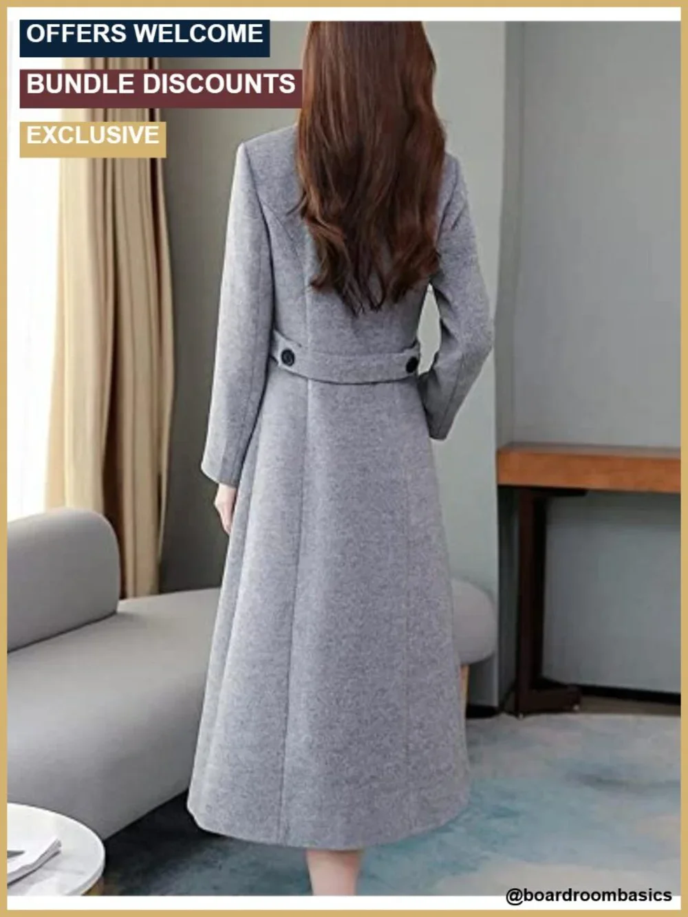 Women's Wool Blended Shawl Collar Double Breasted Long Coat Slim Fit Winter
